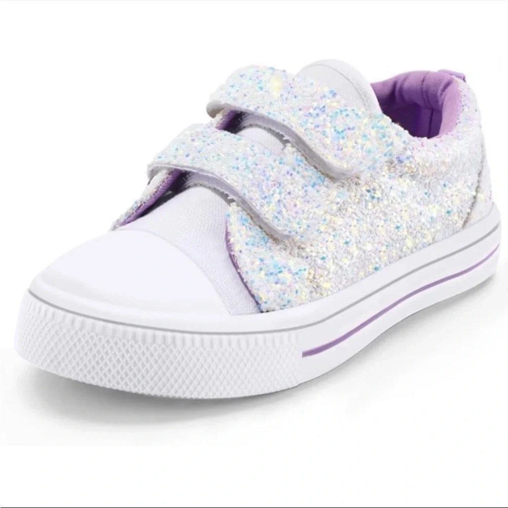 Kids Glitter Velcro Sneaker - White with Purple Accents